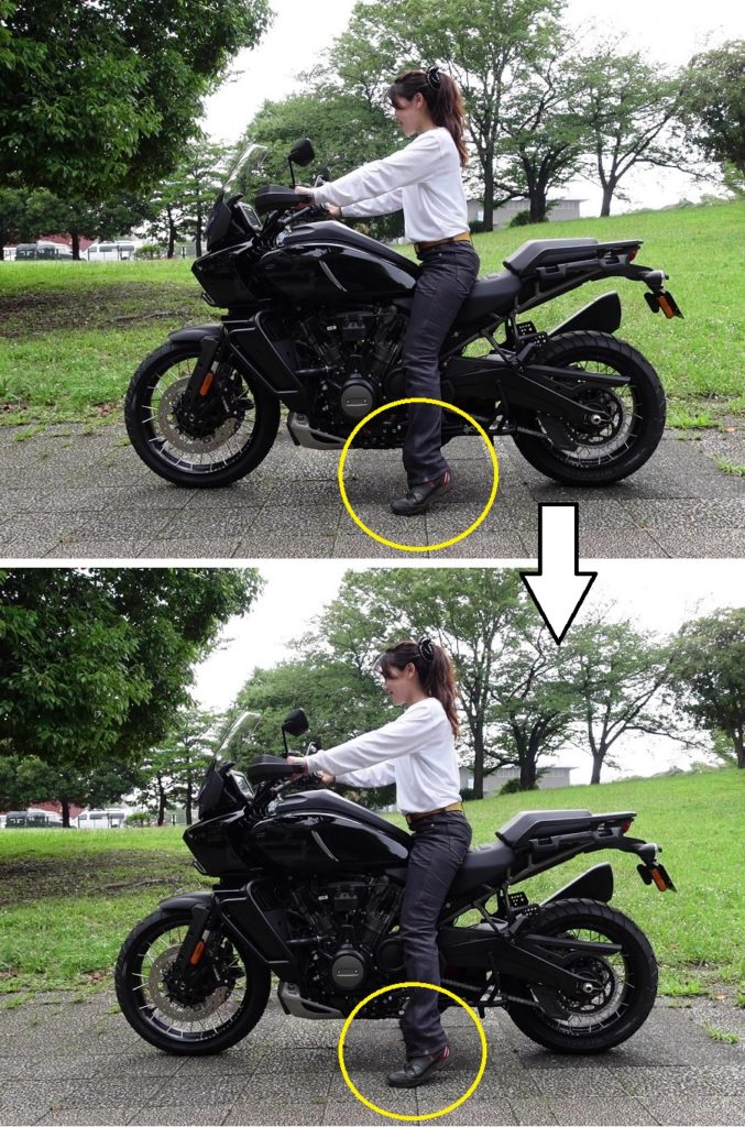 身長166cmの女性ライダーがパンアメリカに跨った場合の足付き具合を画像でご紹介します。